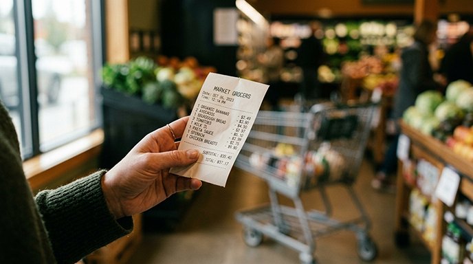A grocery store receipt held up in soft natural light
