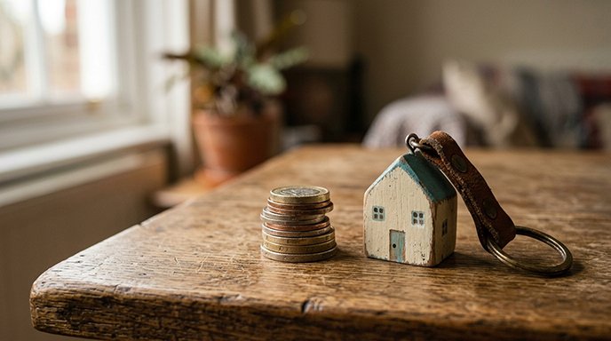 A small stack of coins next to a miniature wooden house on a table