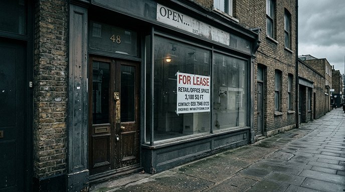 A closed storefront with a for lease sign in the window