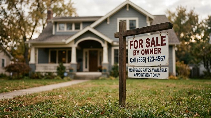 A for sale sign with mortgage rate information in front of a house