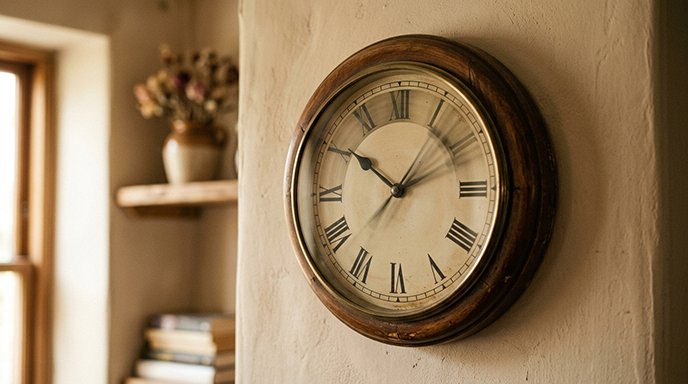 A vintage analog wall clock in soft warm light