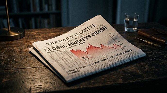 A financial newspaper folded open to a stock market page showing a sharply declining graph
