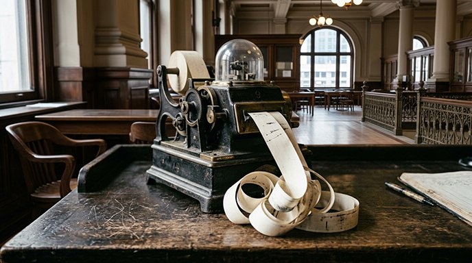 A vintage stock ticker tape machine with a curl of paper tape spilling out
