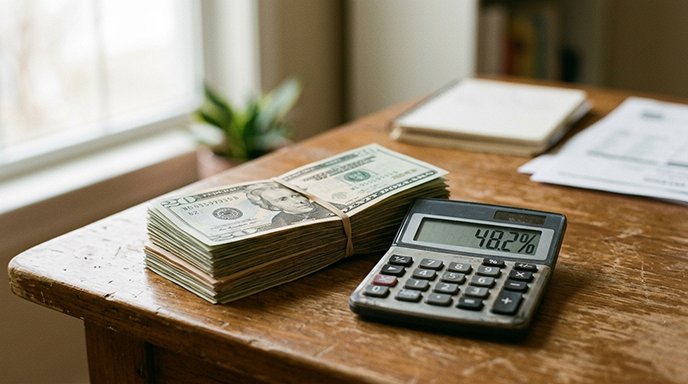 A stack of dollar bills next to a small calculator showing a percentage symbol