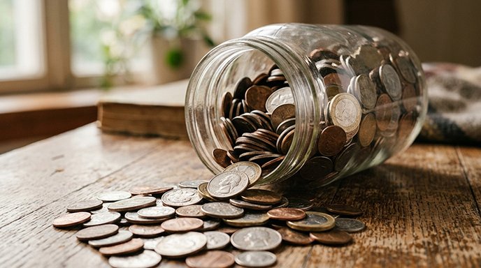A glass jar overflowing with coins spilling gently onto a wooden surface
