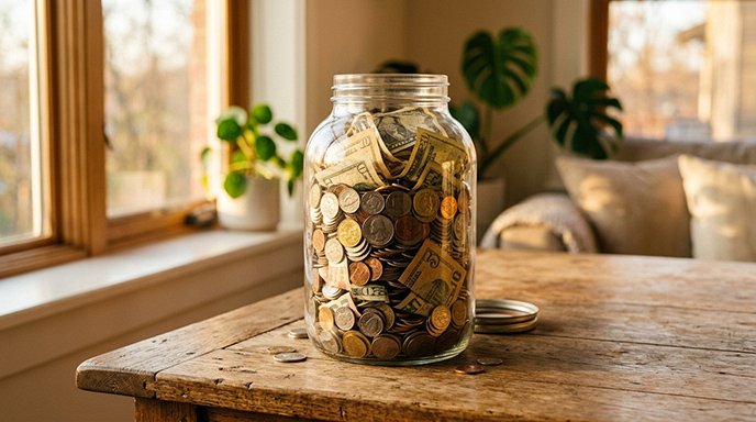 A large glass jar filled with coins and folded cash in warm golden-hour light