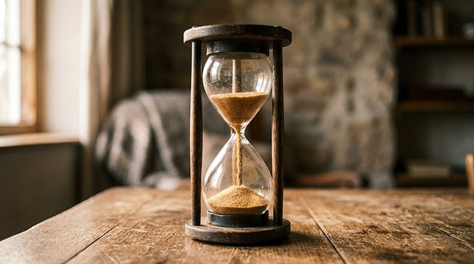 An hourglass with sand mid-flow in warm soft light