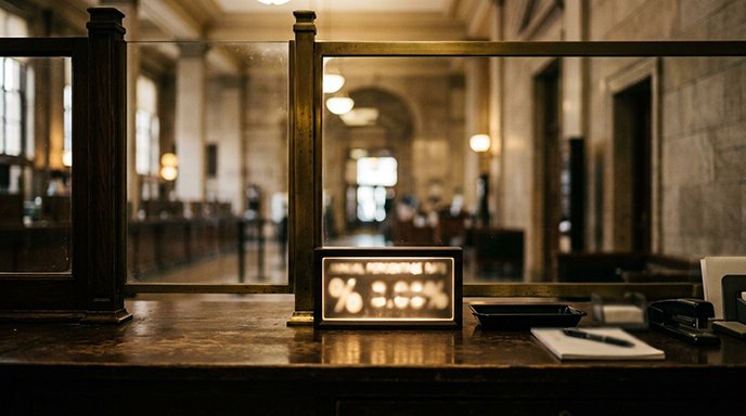 A bank teller window with a small illuminated percentage rate sign