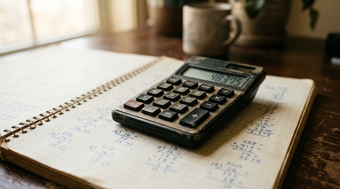 A vintage pocket calculator on a notebook with soft natural light