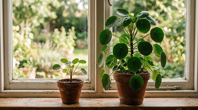 A small potted plant sapling next to a taller, fuller plant of the same species
