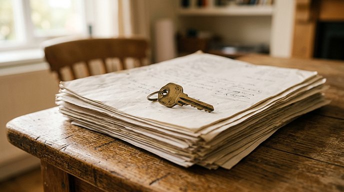 A single house key resting on a stack of paper documents