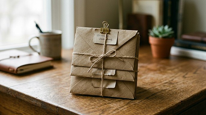 Three small labeled envelopes neatly stacked on a desk