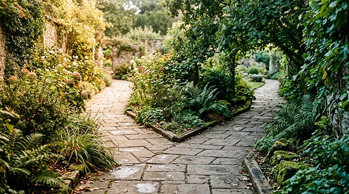 Two paths diverging in a paved courtyard