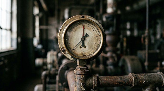 An old mechanical pressure gauge with the needle resting in the middle range