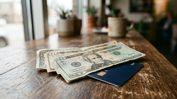 A credit card partially tucked under a small stack of cash