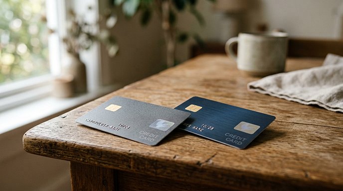 Two credit cards side by side on a table as if being compared
