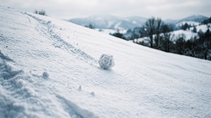 A small snowball rolling down a snowy hill leaving a visible trail