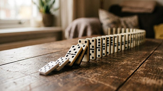 A row of dominoes mid-fall, the smallest one having just toppled the next