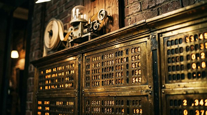 An old brass ticker tape display with small illuminated numbers