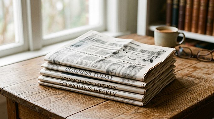 A folded financial newspaper stacked with several others on a wooden table
