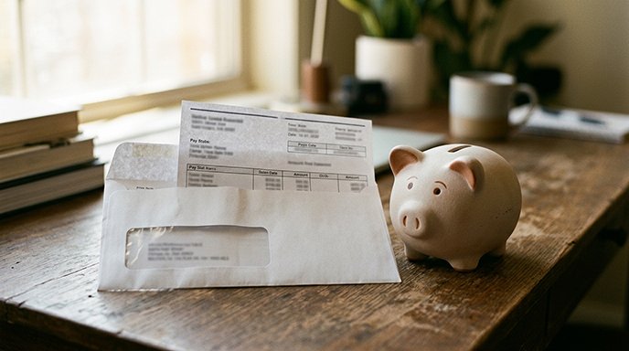 A pay stub resting next to a small ceramic piggy bank on a desk