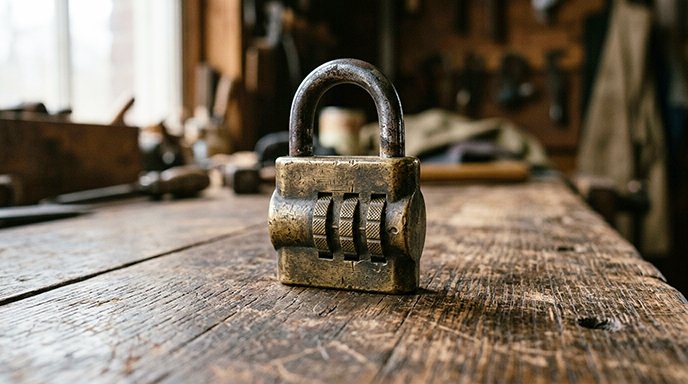 A vintage brass combination padlock with the dial mid-turn