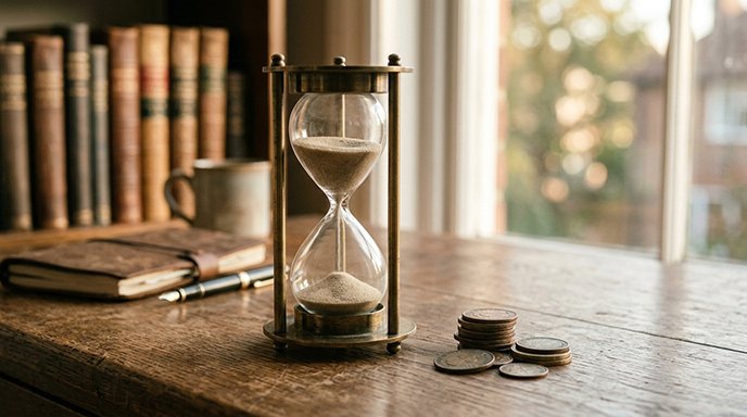 An hourglass on a wooden desk next to a small stack of coins