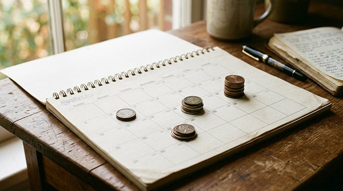 A desk calendar with small stacks of coins placed on several different dates