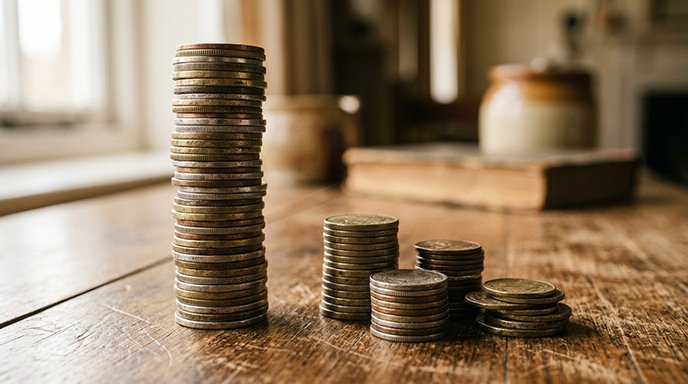One large stack of coins next to several smaller separate stacks of coins
