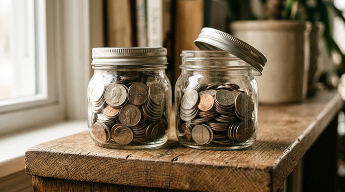 Two matching glass jars with coins inside, side by side on a wooden shelf