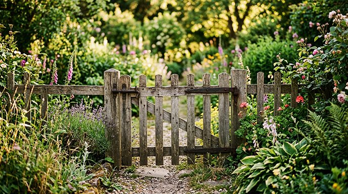 A low wooden garden gate against a soft blurred background
