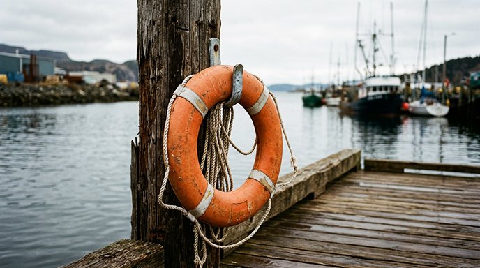 An orange life preserver ring hanging on a wooden dock post