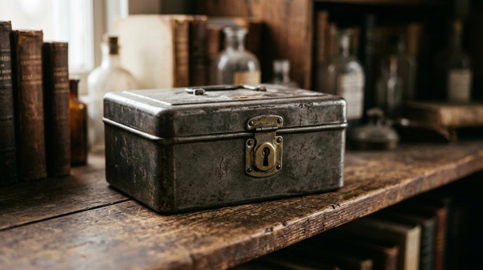 A small vintage metal lockbox with a simple keyhole