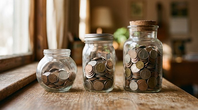 Three glass jars of different sizes, each containing a different amount of coins