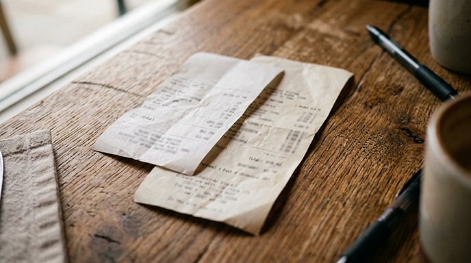 A grocery receipt and a restaurant receipt overlapping on a wooden table