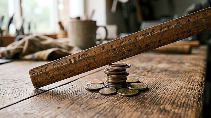 A wooden ruler laid diagonally across a small stack of coins