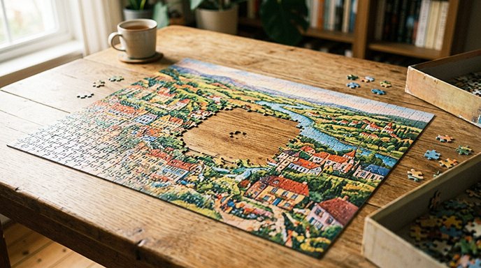 A jigsaw puzzle nearly complete with one piece visibly missing