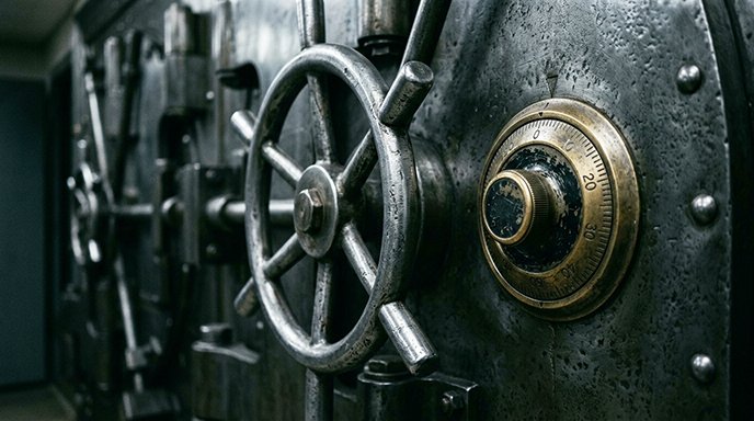 A close-up detail of a bank vault door handle and dial