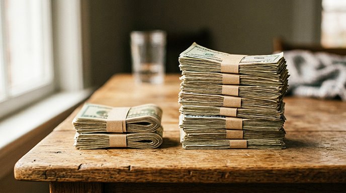 Two stacks of folded cash side by side, one noticeably taller
