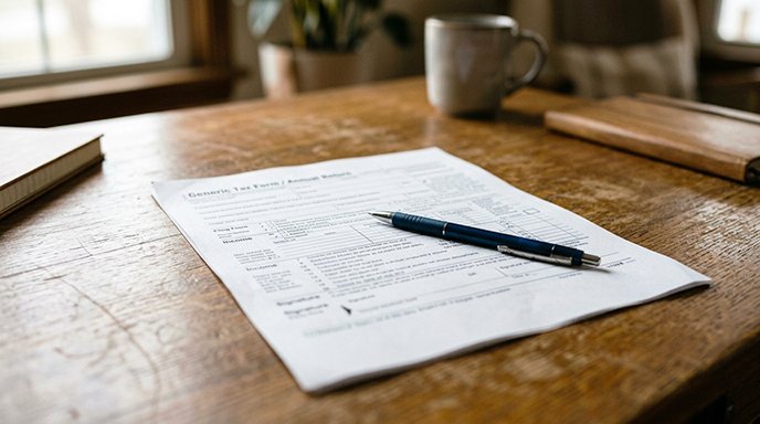 A blank generic tax form with a pen resting diagonally across it
