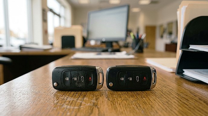 Two identical-looking car keys resting side by side on a dealership desk