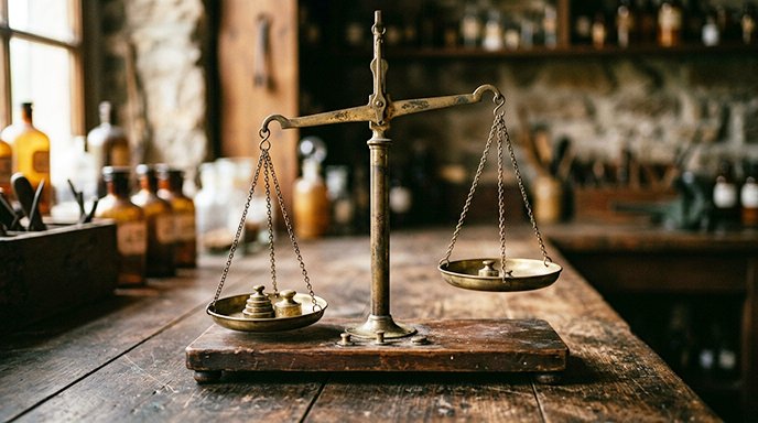 An old-fashioned balance scale with small weights