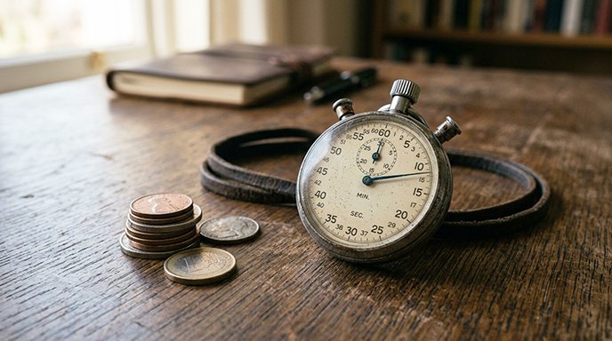 A stopwatch resting on a wooden desk next to a small stack of coins