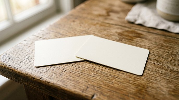 Two blank credit-card-shaped cards overlapping slightly on a table