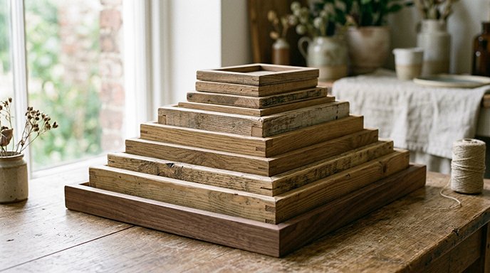 Several stacked wooden trays nested in ascending layers