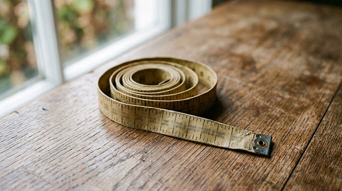A measuring tape coiled loosely on a wooden table