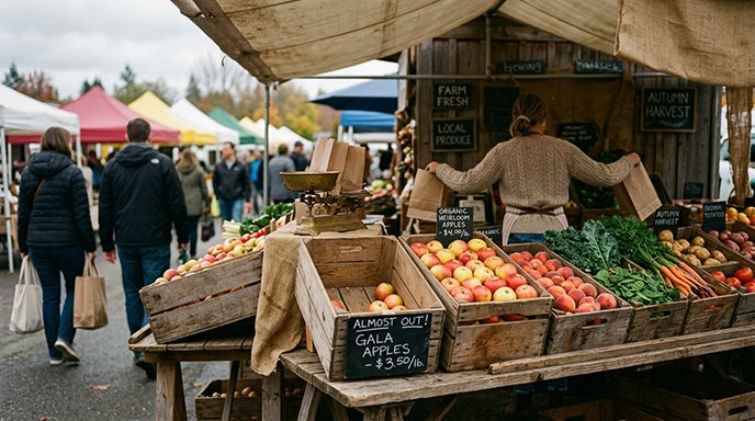 A farmers market produce stand with wooden crates of fresh fruit