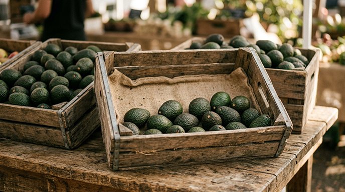 Wooden crates of avocados at a market, one crate emptier than the others