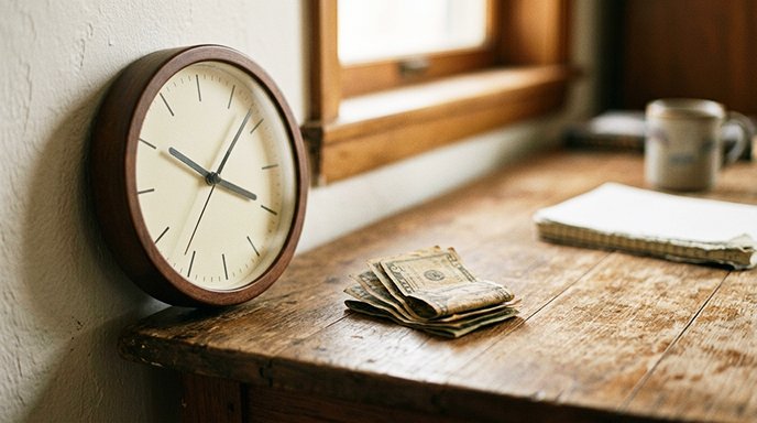 An analog wall clock next to a small stack of folded cash