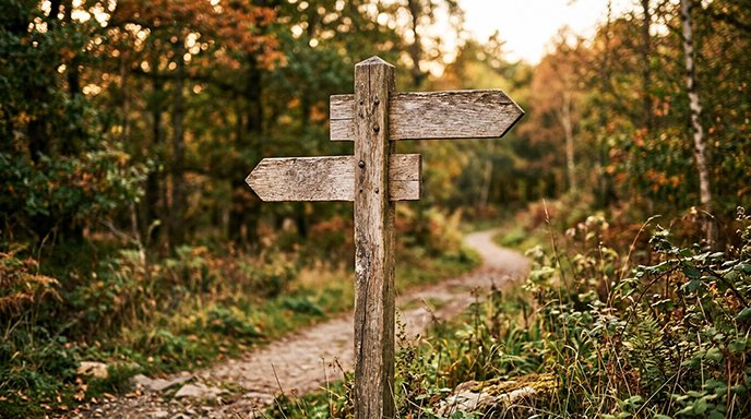 A wooden signpost with two blank direction arrows pointing opposite ways